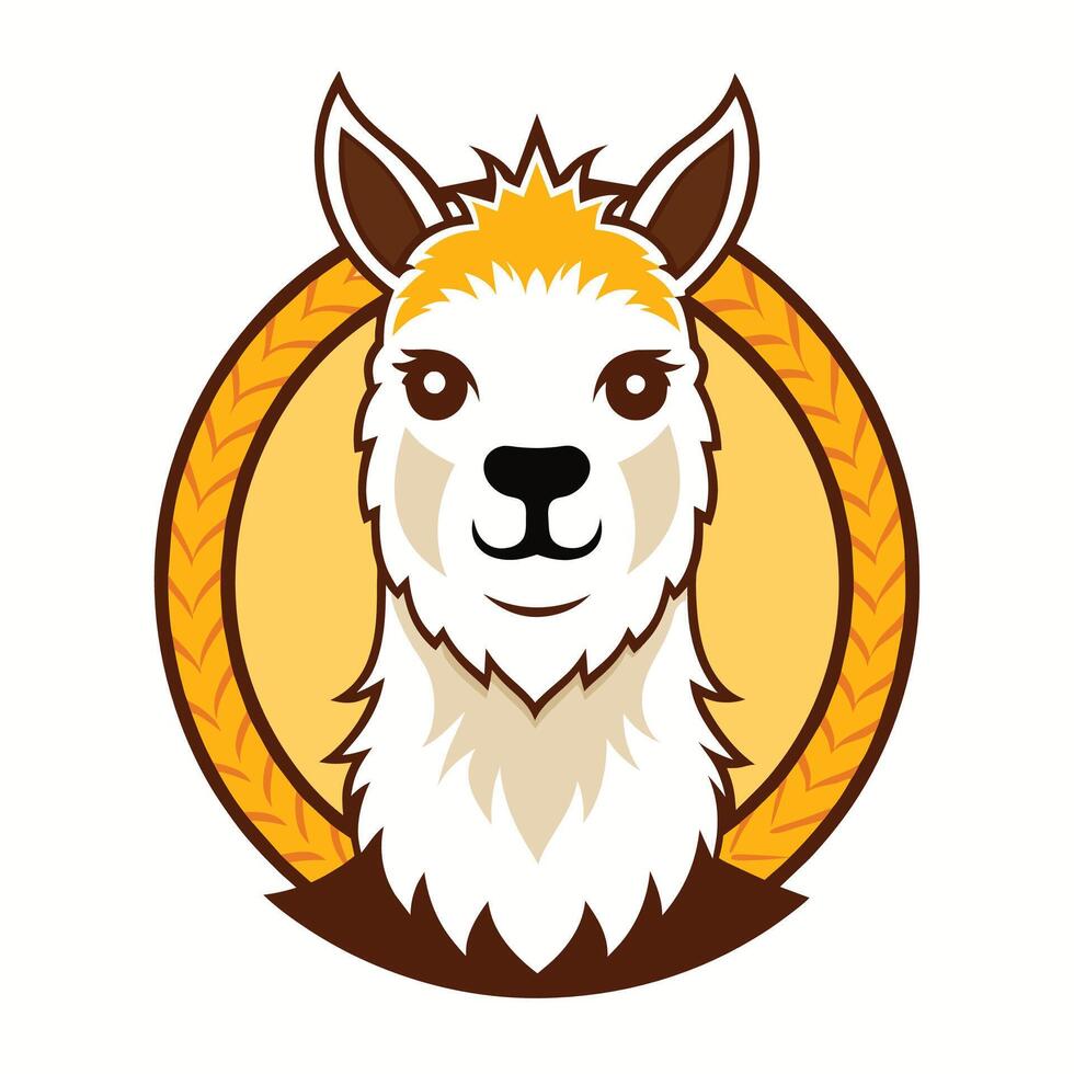 A cartoon illustration of a llama with a friendly expression, set against a yellow circle with a textured pattern. vector
