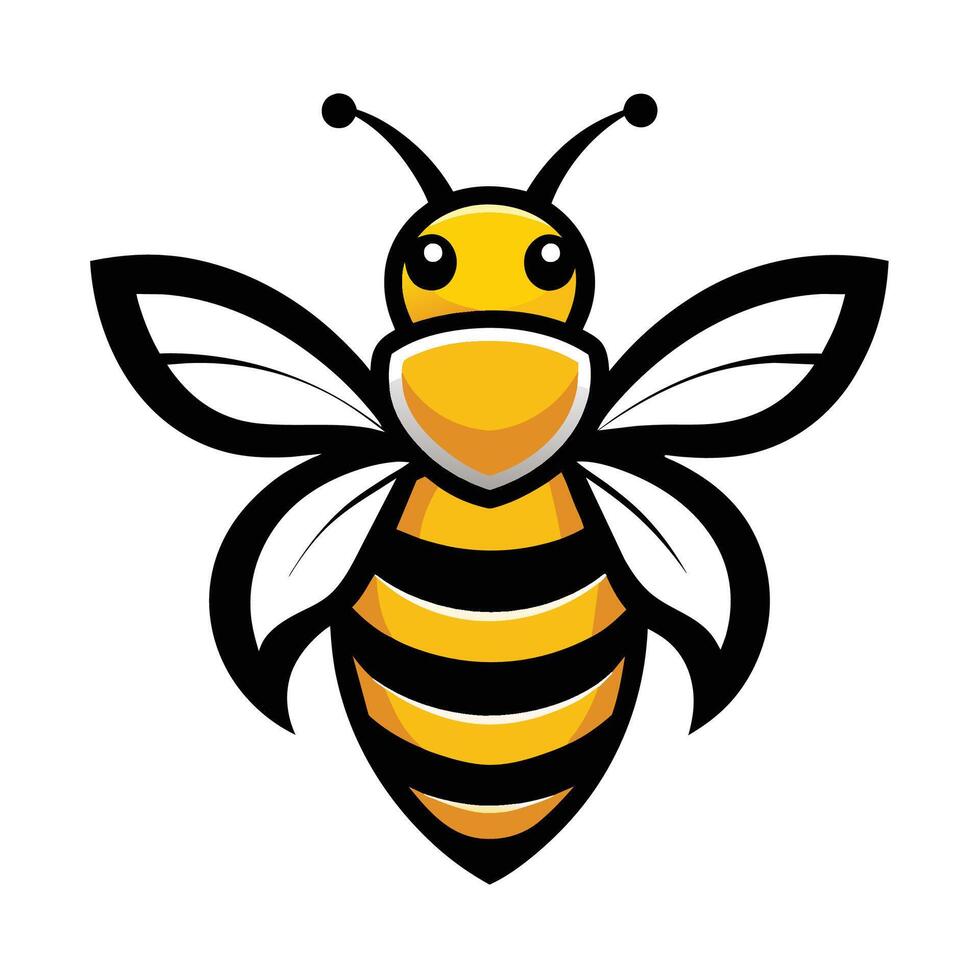 A cartoon illustration of a bee with large wings and black stripes, drawn against a white background. vector