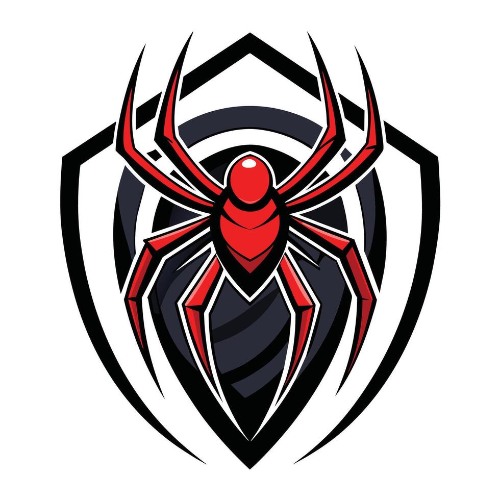 A red spider with black legs is centered inside a black shield with a stylized web design. vector
