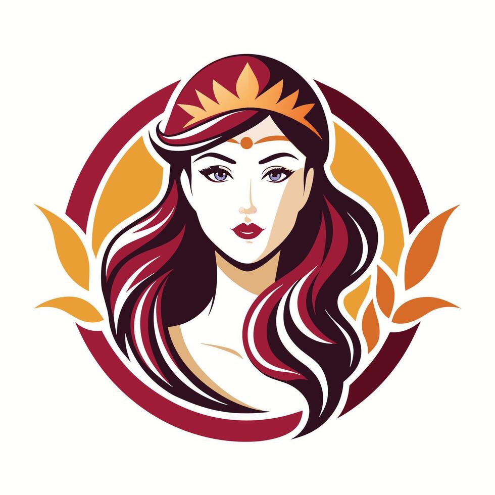 A colorful illustration of a woman with long red hair wearing a golden crown inside a circle. vector