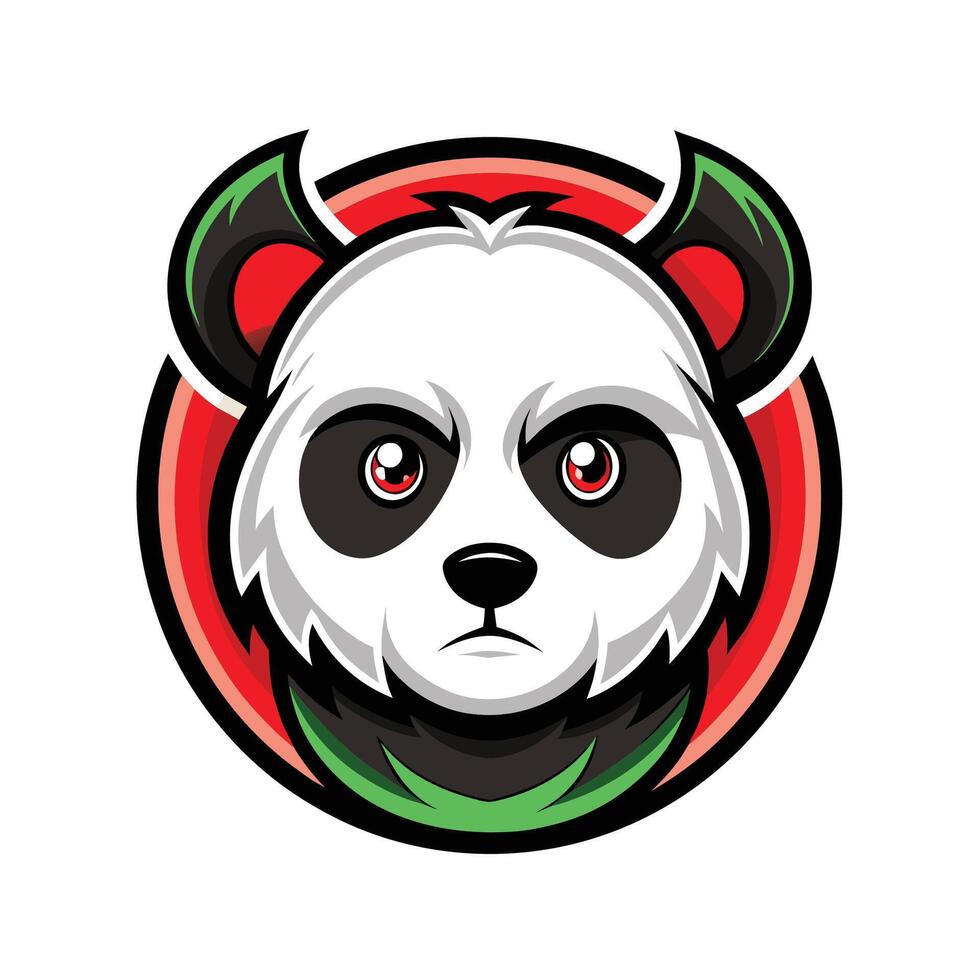 A cartoon panda mascot with devil horns and a stern expression, set against a red and green circle background. vector