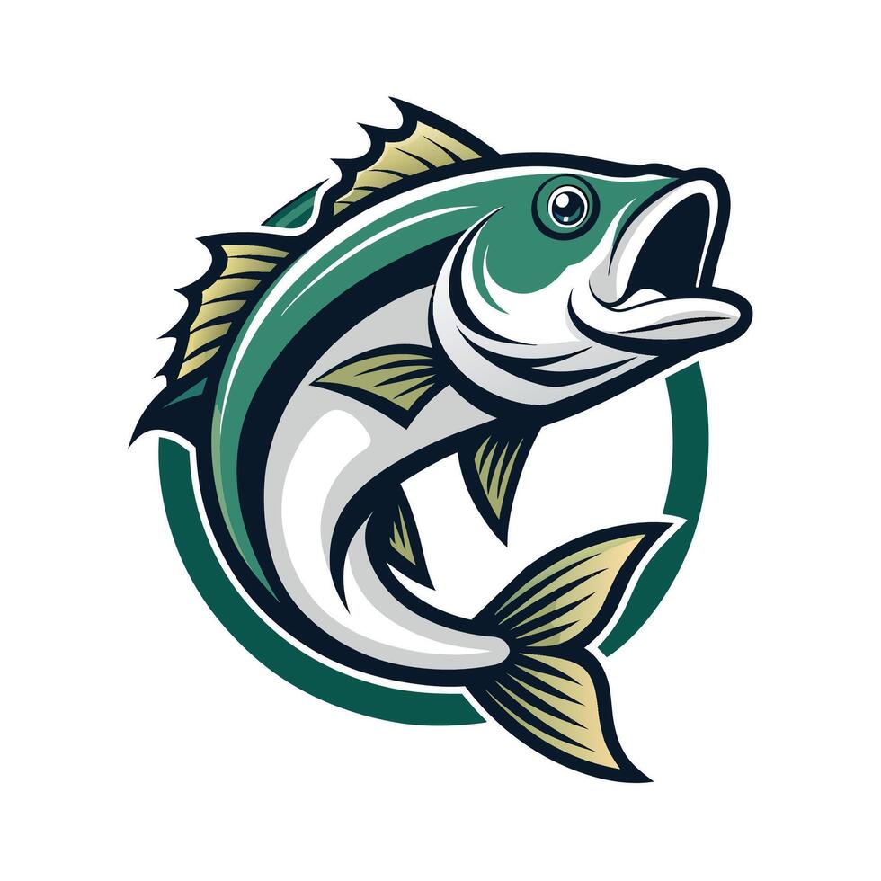 A digitally illustrated green fish with fins and tail, jumping out of the water against a white background. The fish has an open mouth, and is surrounded by a green circle. vector