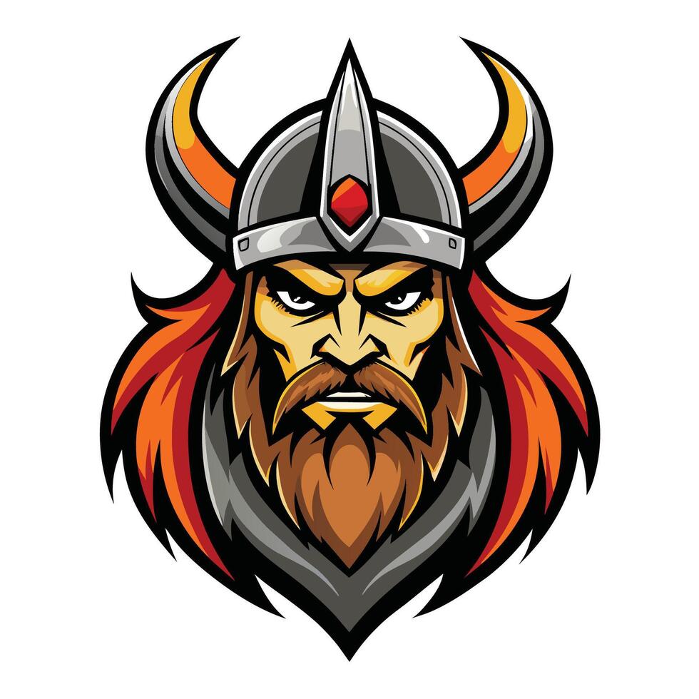 A colorful illustration of a Viking warriors face, with a horned helmet and a serious expression. vector