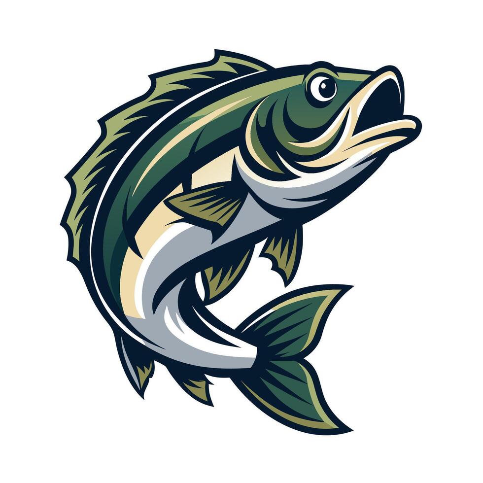 A cartoon illustration of a green and white fish leaping out of the water with its mouth open wide. vector