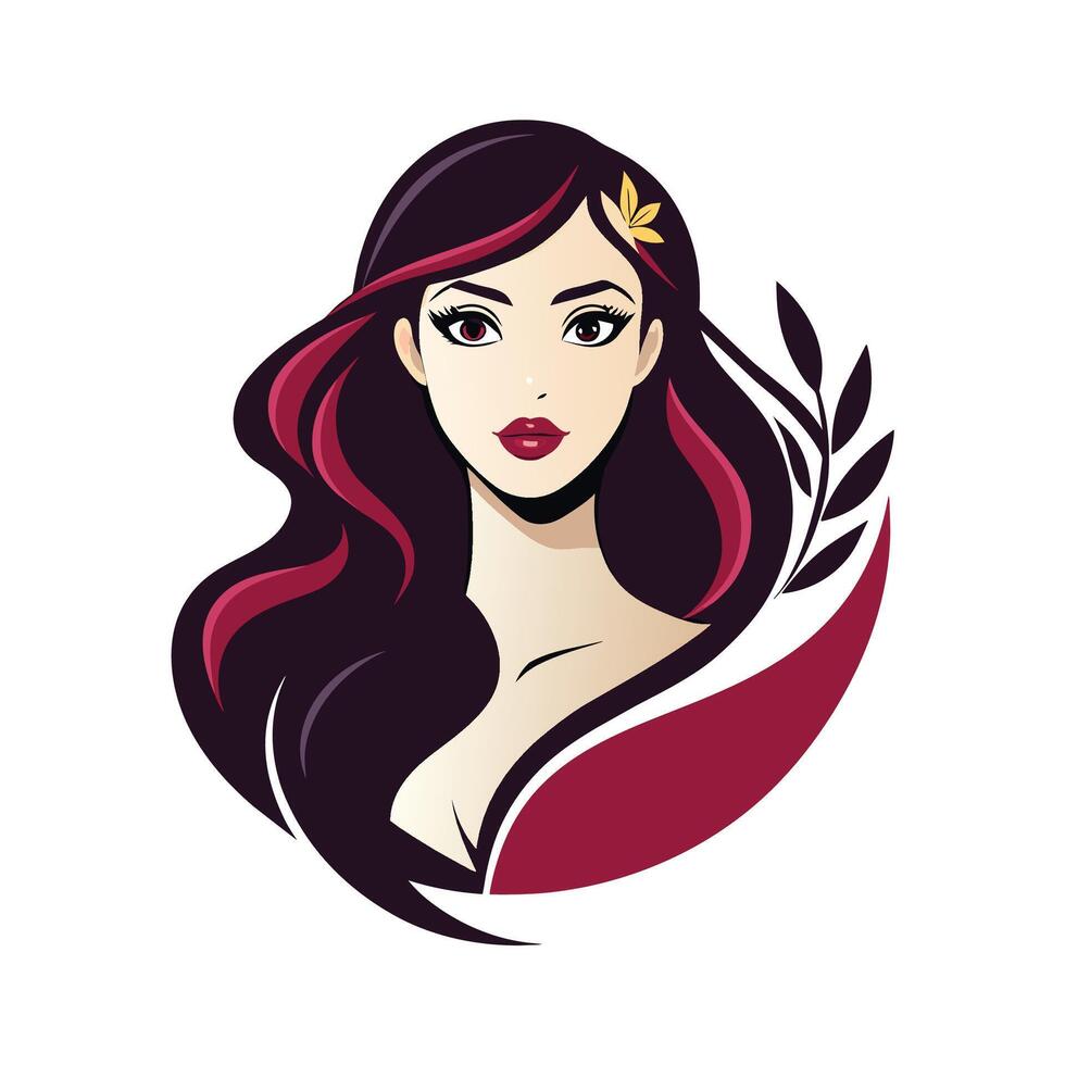 A beautiful woman with long dark hair with red highlights and a flower in her hair, looking directly at the viewer, with a red background behind her. vector
