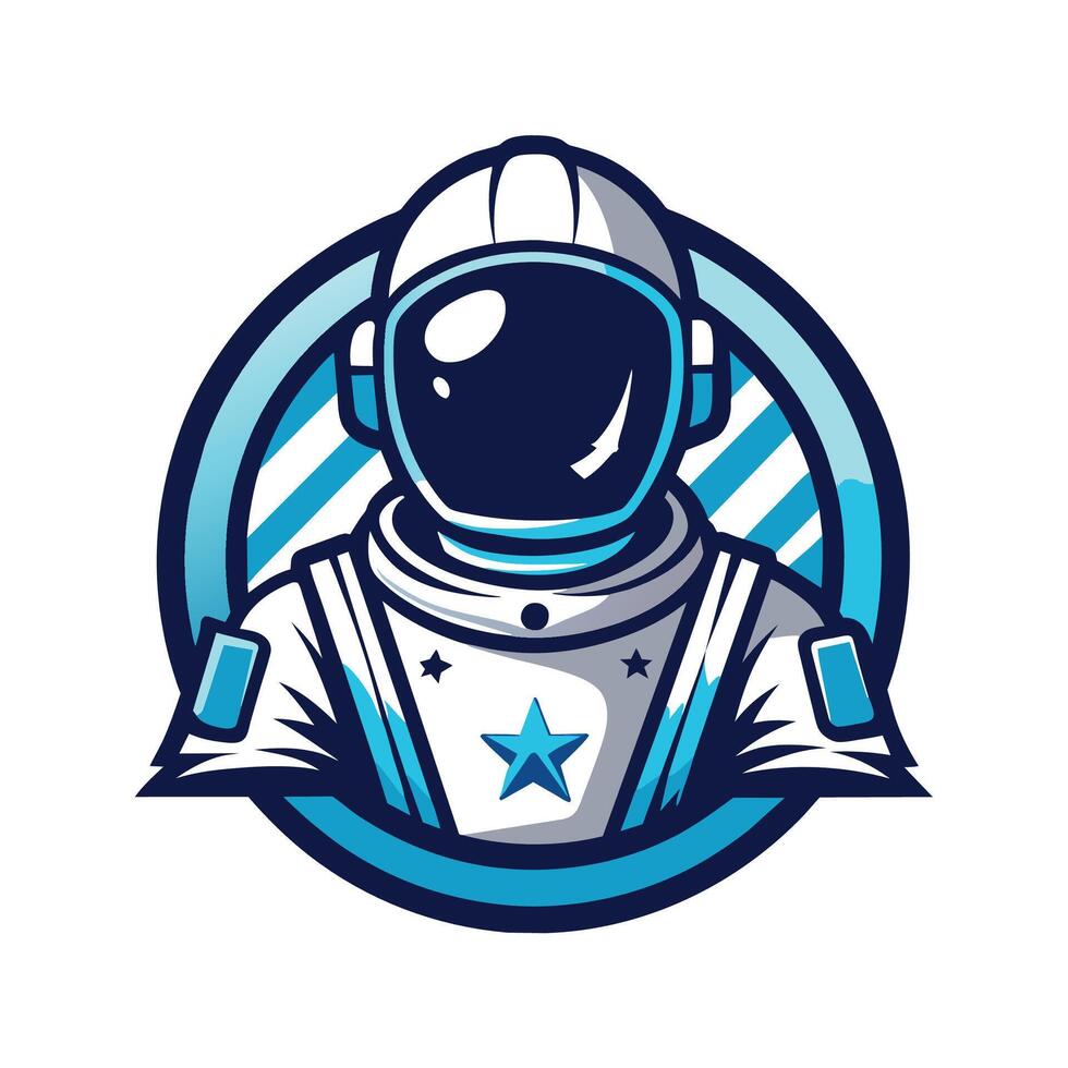 A logo featuring a blue and white astronaut in a circular frame with stars and stripes. vector