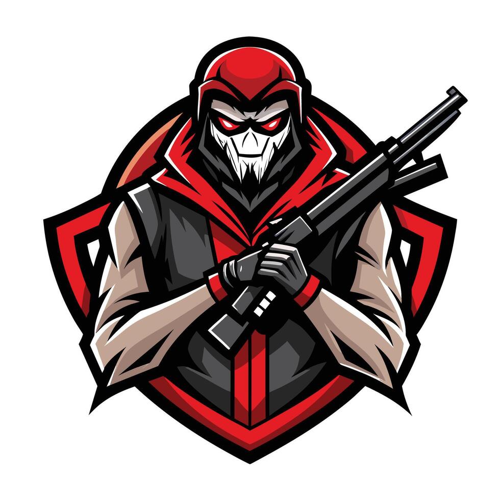 This is a illustration of a masked soldier holding a shotgun in front of a red and black shield. The soldier is wearing a red hooded jacket and a black mask with a skull design. vector