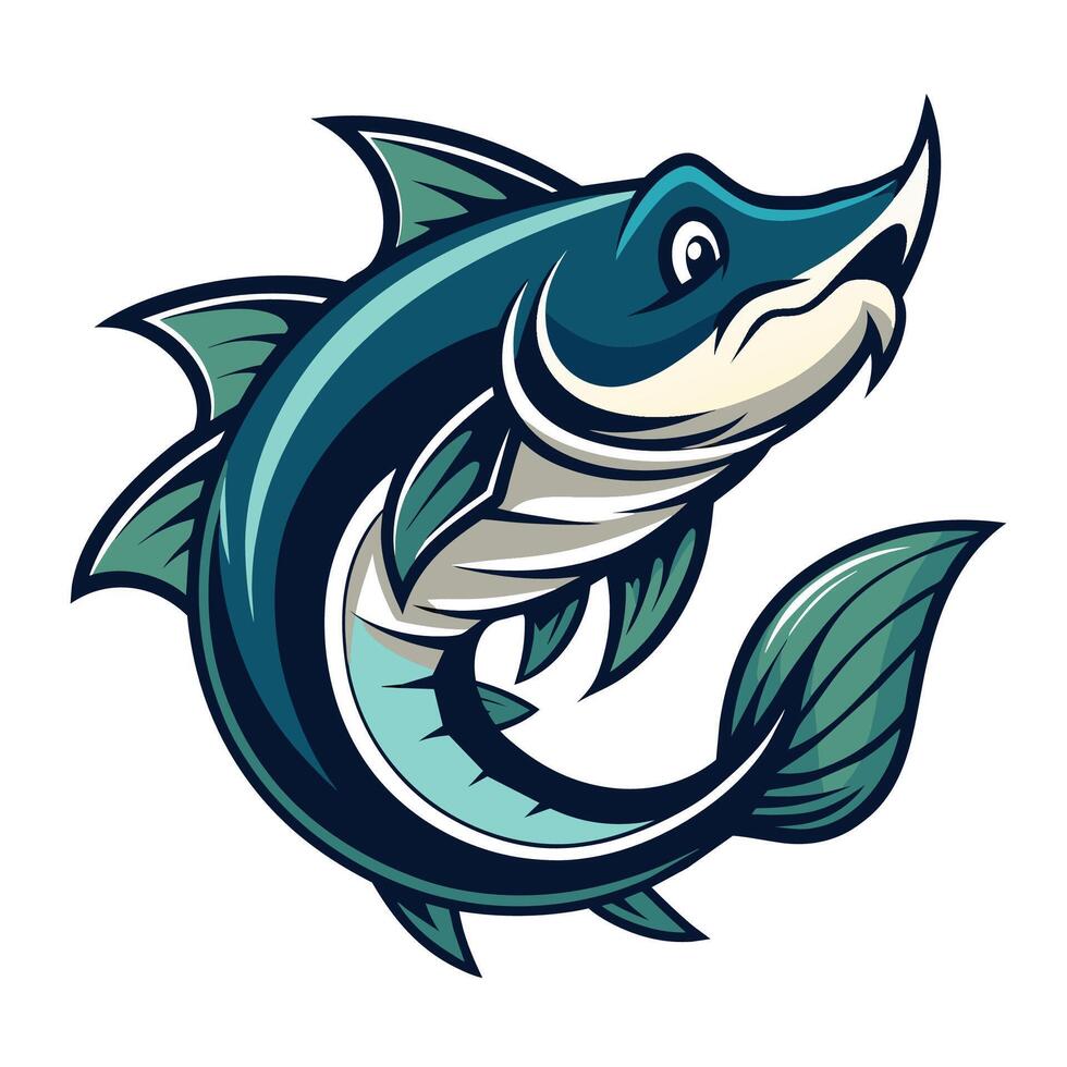 This image shows a cartoon illustration of a blue fish jumping out of the water. The fish has a green tail and fins. vector