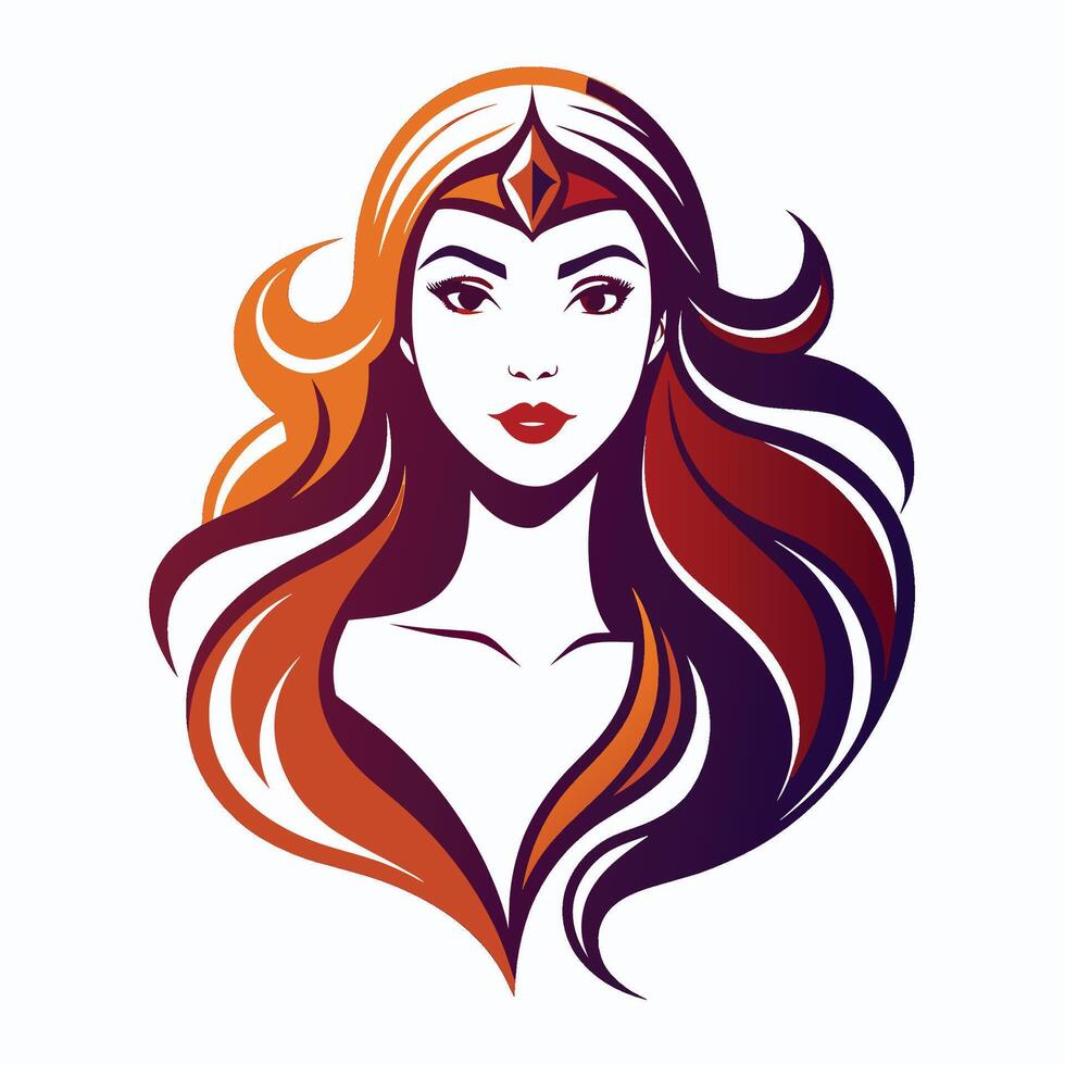An illustration of a woman with long, wavy red hair wearing a crown. She has a beautiful face with large eyes and a confident expression. vector