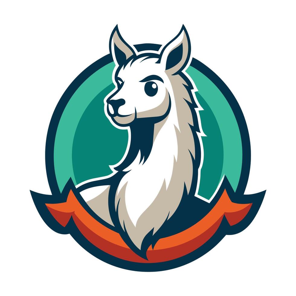Cartoon llama head logo with white llama facing right on green background. Llama has white coat, brown eyes, black nose, orange ribbon around circle. vector