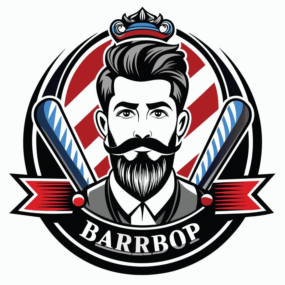 A barber shop logo featuring a man with a beard and mustache, a red and blue striped background, and two razors crossed behind him. vector