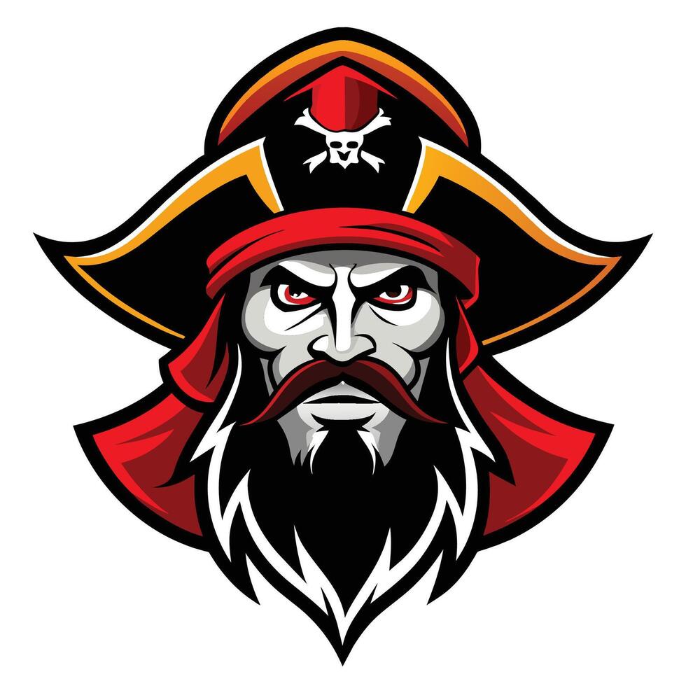 An illustration of a pirate captain wearing a black hat with a skull and crossbones, a red bandana, and a long black beard. vector