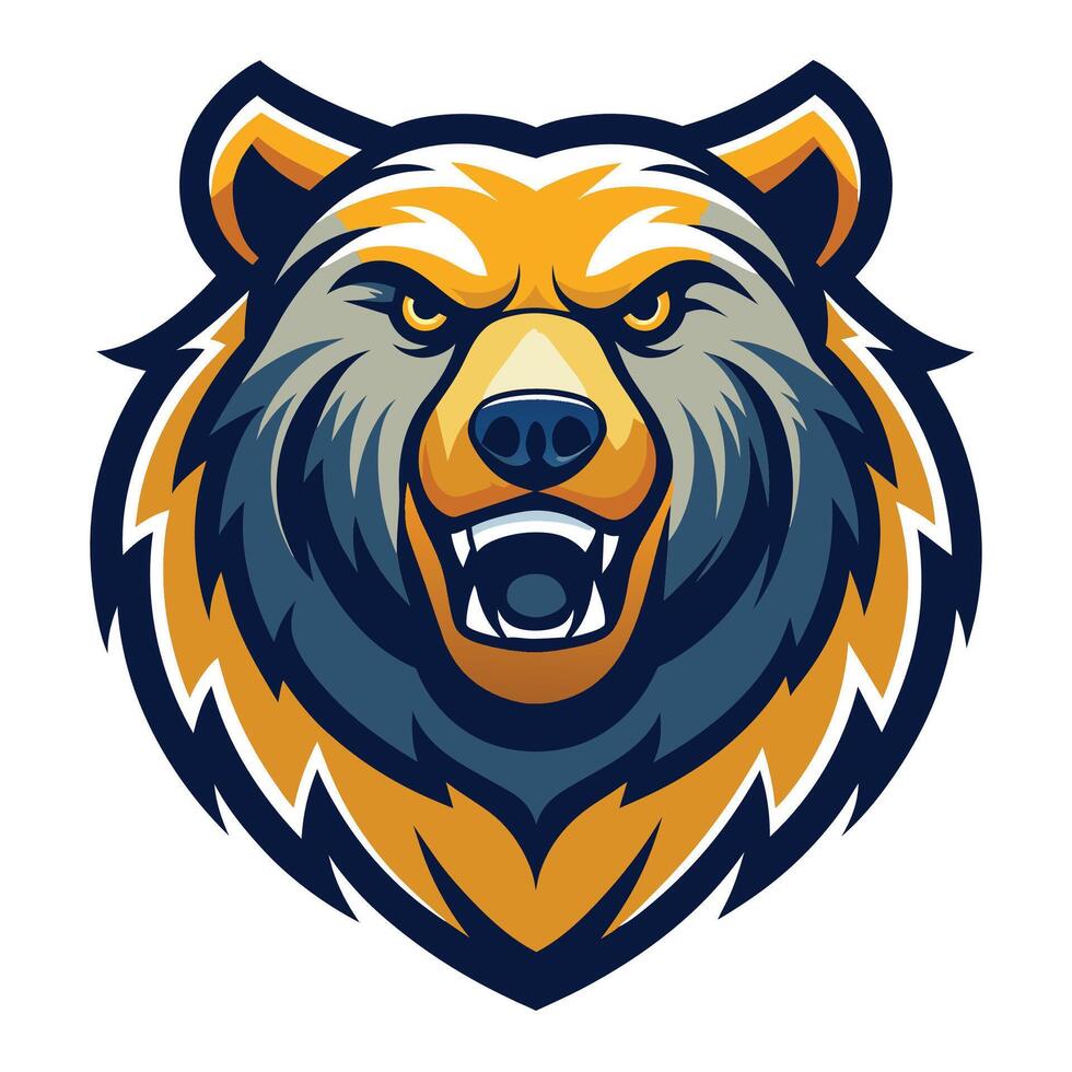 A cartoon grizzly bear mascot head with open mouth, yellow fur, and sharp teeth. vector