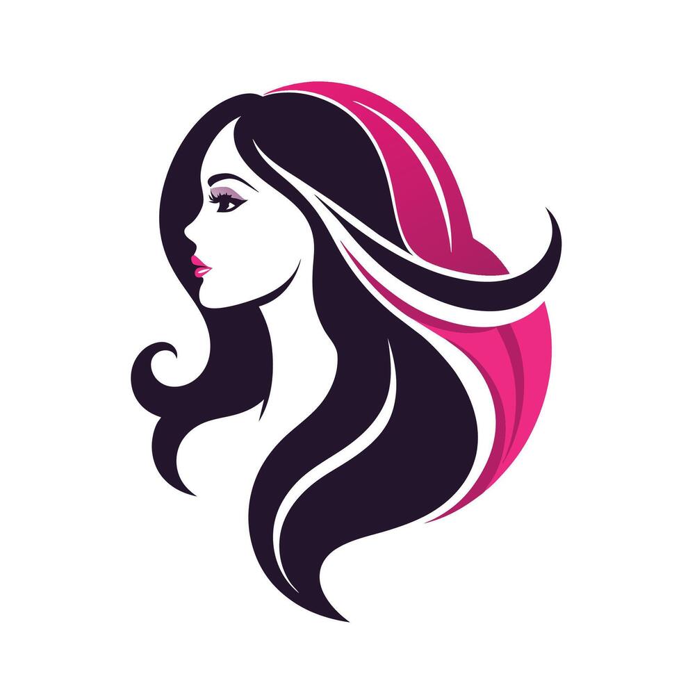 A stylized illustration of a womans head and shoulders with long, flowing black hair, and a pink streak in the hair. vector