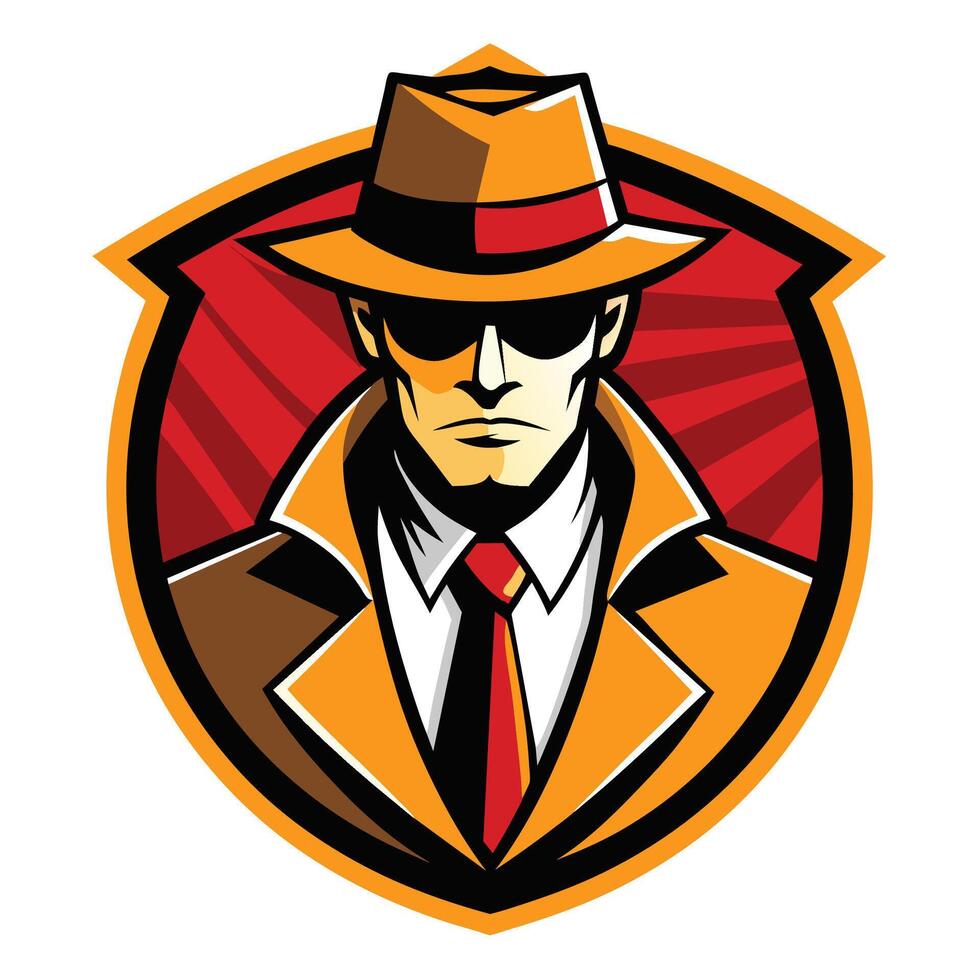 This is a digital illustration of a man wearing a fedora, sunglasses, and trench coat. He is looking straight ahead with a serious expression. The image has a vintage detective feel. vector