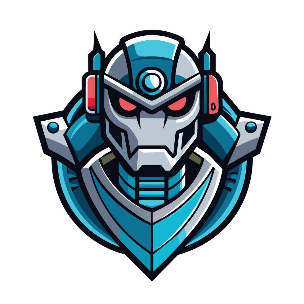 A cartoon robot head logo design with a blue and gray color scheme, featuring a circular frame and red eyes. vector