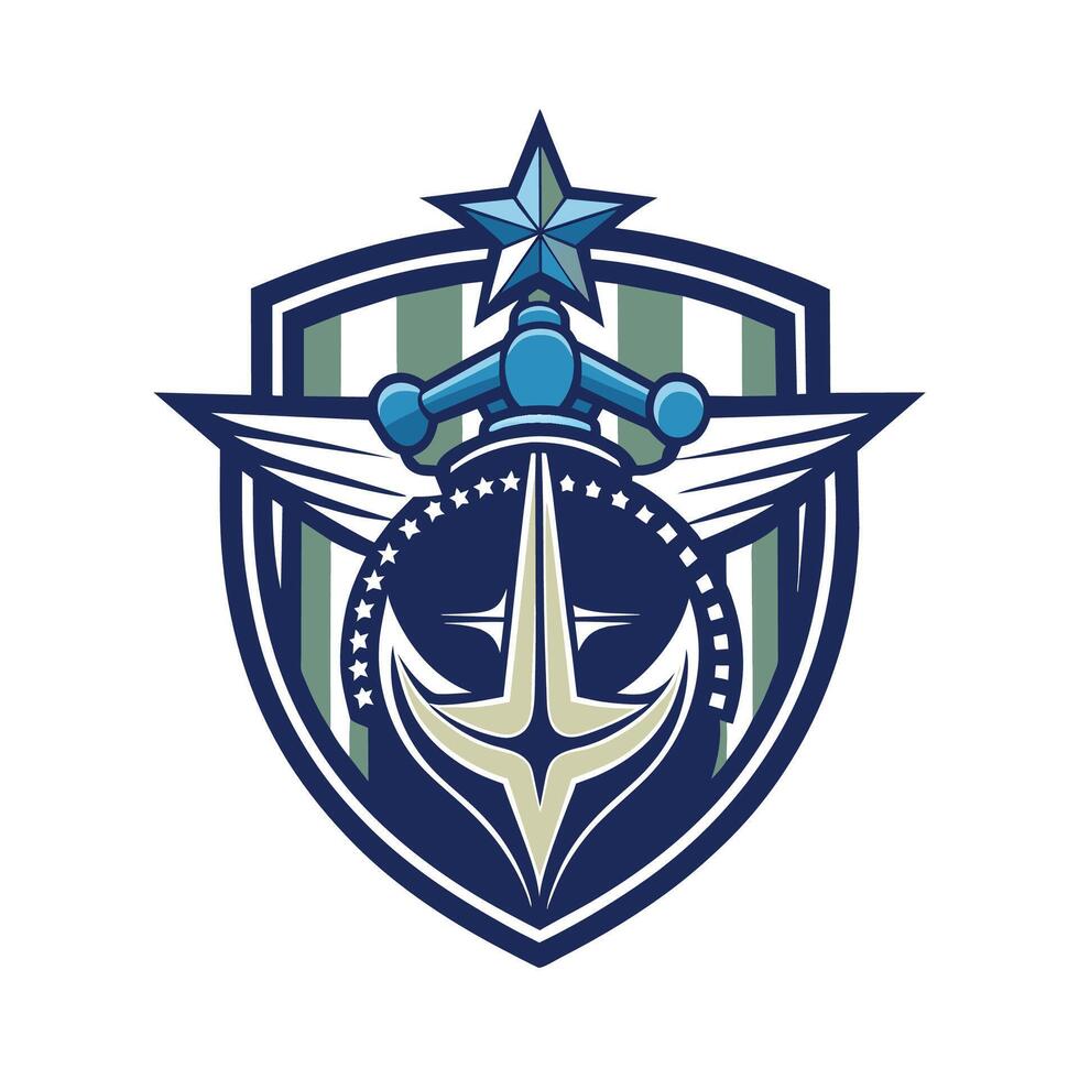 A stylized shield design featuring a blue and white anchor, wings, a star, and stripes. vector