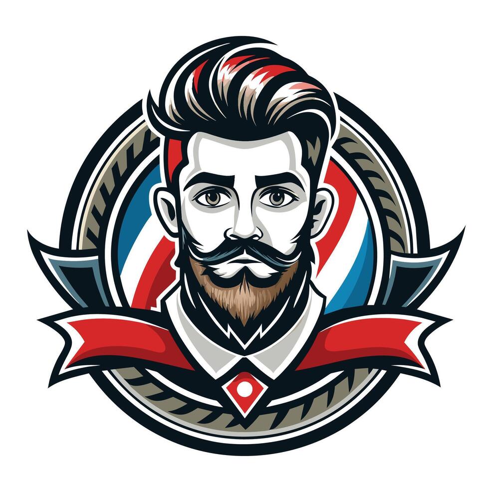 A colorful illustration of a mans face, featuring a beard and mustache, set within a barber shop logo design. vector