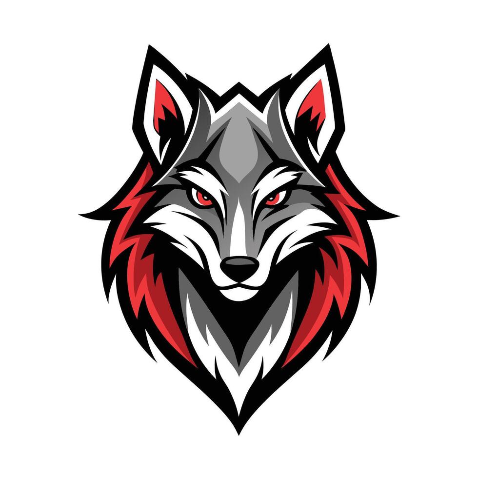 A digital illustration depicting a fierce wolf head with grey fur and a red mane, against a white background. vector