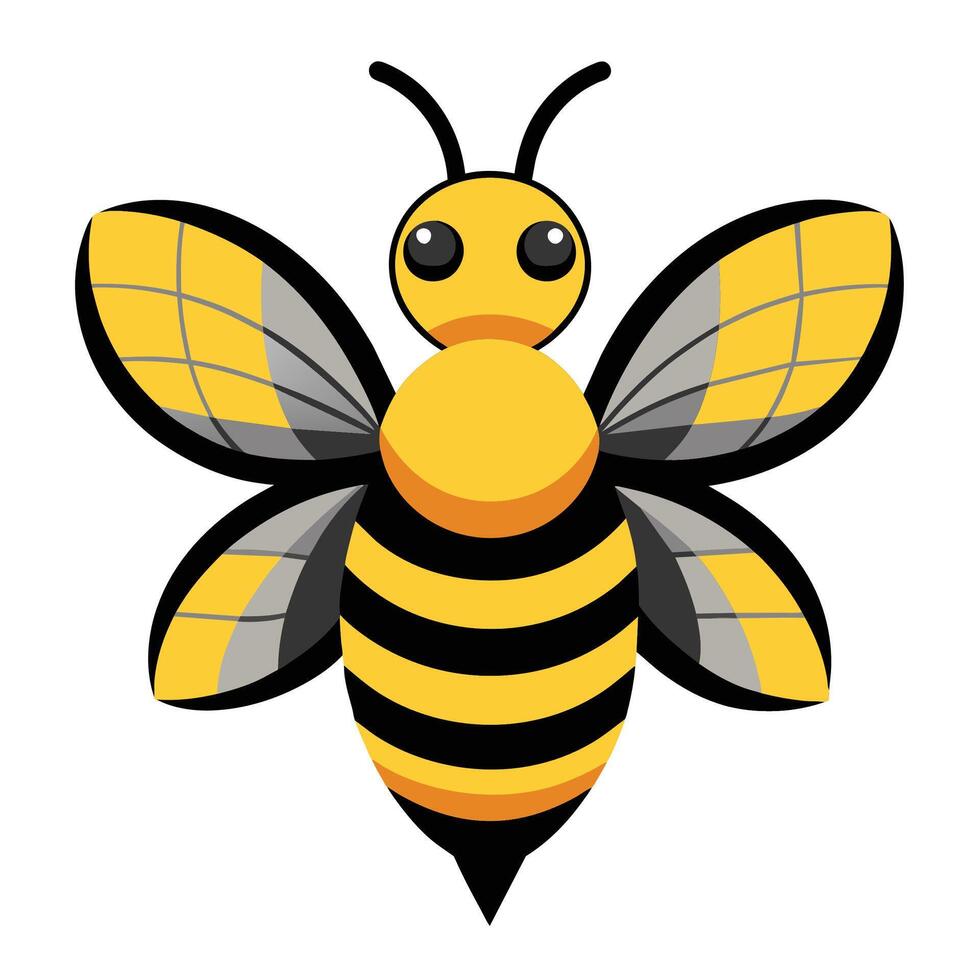 A cartoon illustration of a bee with black and yellow stripes and grey veined wings. The bee has large black eyes and a yellow body. vector