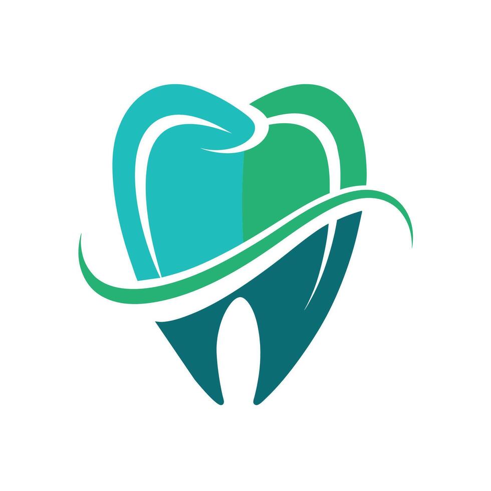 A stylized logo design featuring a blue and green tooth with a white wave design symbolizing clean and healthy dental care. vector