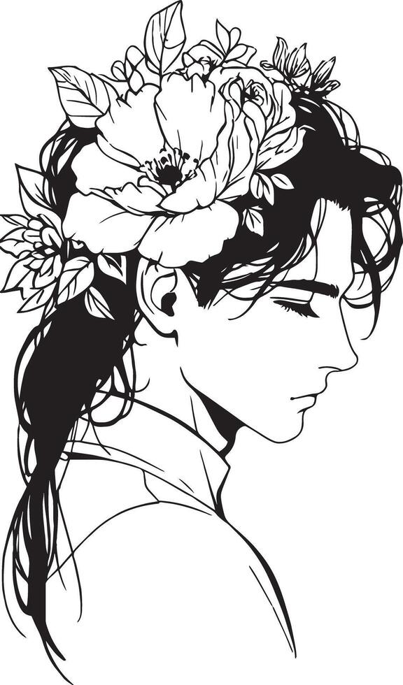 Boho style illustration in black and white line art of a young man with dark hair, flower crown, thoughtful gaze. vector