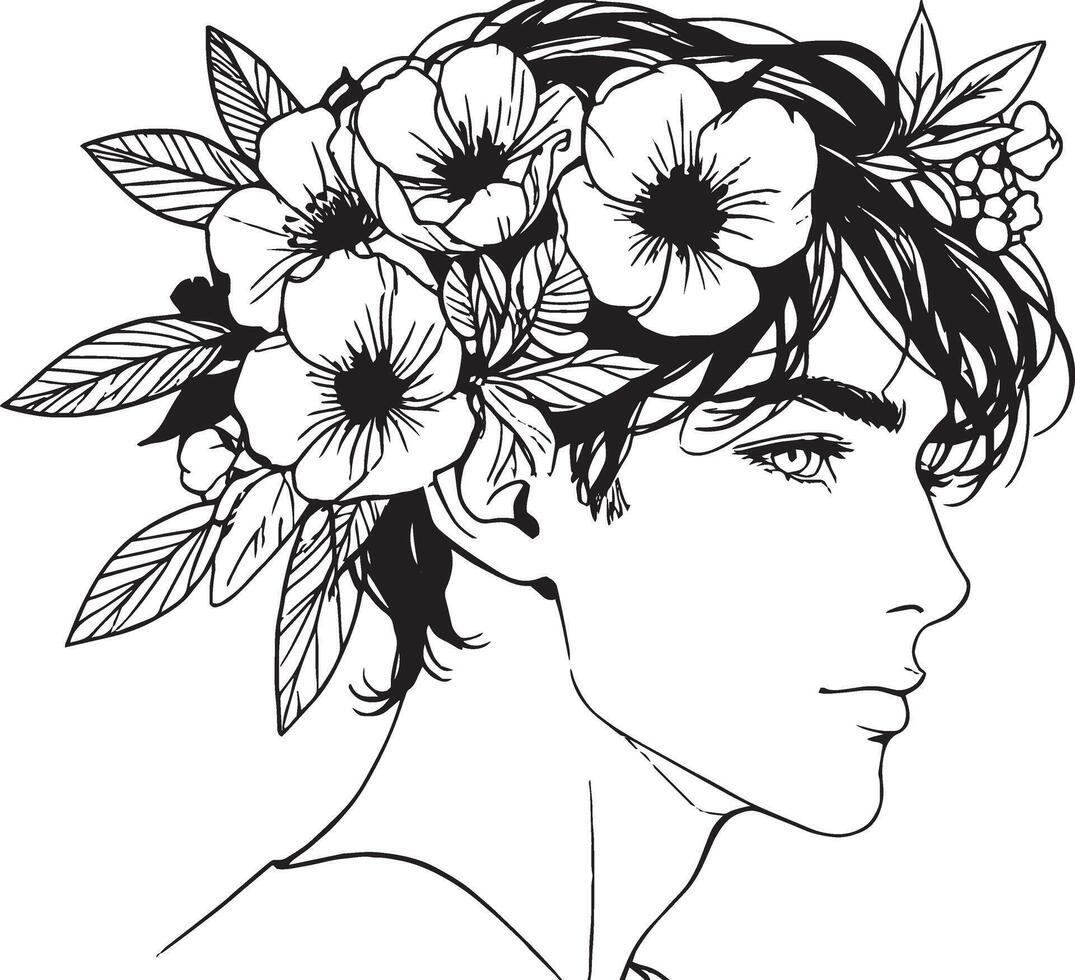 Black and white line illustration, young man with dark hair adorned with a flower crown, thoughtful expression on face vector