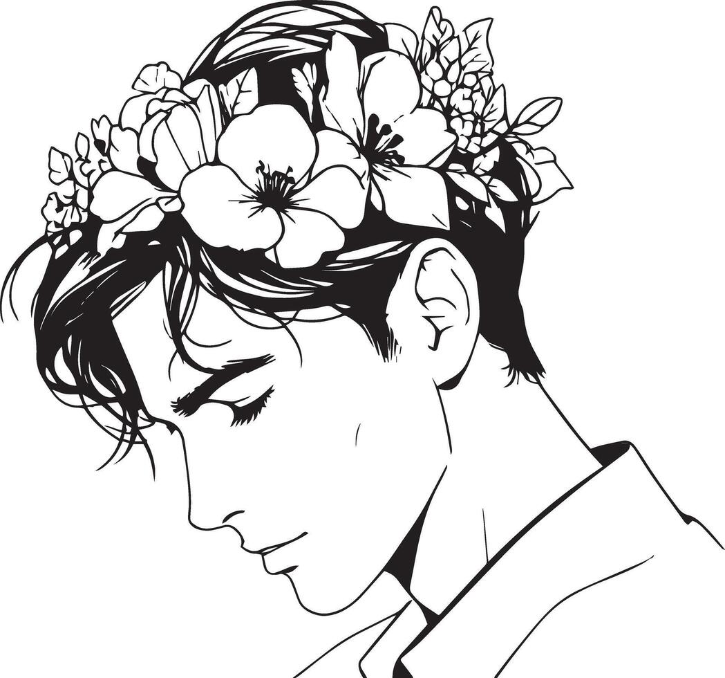 Elegant black line illustration of a dark-haired young man with a flower crown, featuring a thoughtful expression. vector