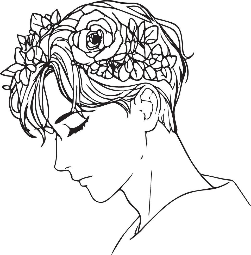 Isolated black line art of a young man with dark hair, wearing a flower crown, with a reflective expression. vector