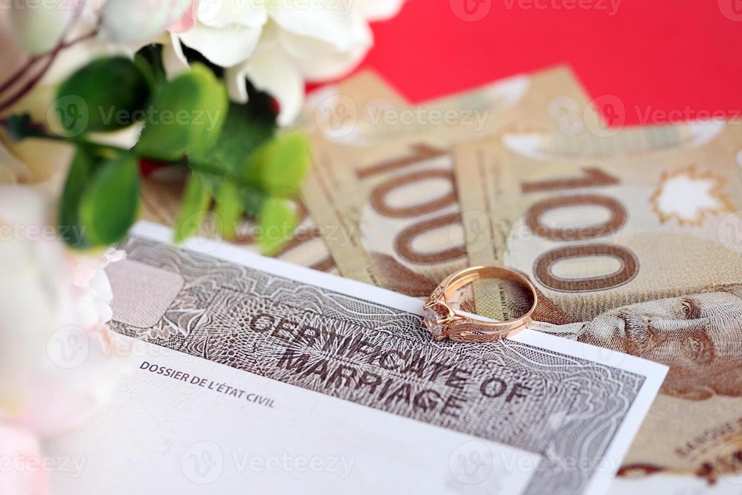 Canadian Certificate of marriage blank document and wedding ring with canadian dollars photo
