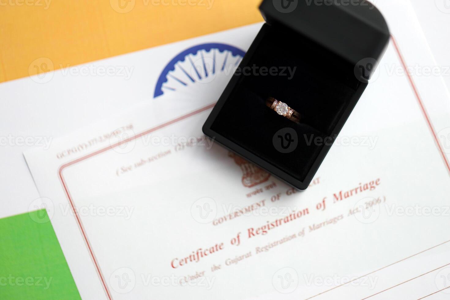 Indian Certificate of registration of marriage blank document and wedding ring on flag photo
