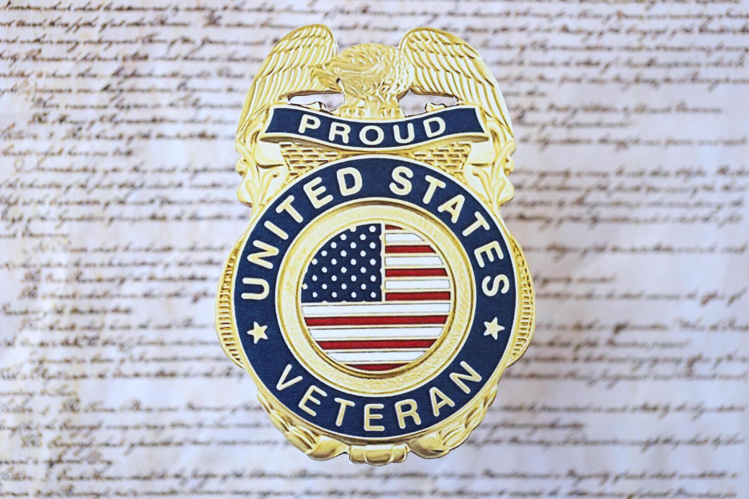 KYIV, UKRAINE - MARCH 9, 2024 US Proud Veteran badge on United States Constitution photo