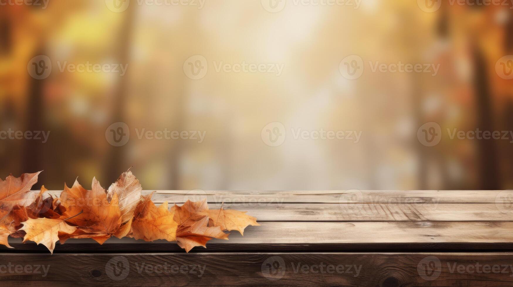 Autumn background with falling leaves and empty wooden table, ideal for product placement. Neural network photo