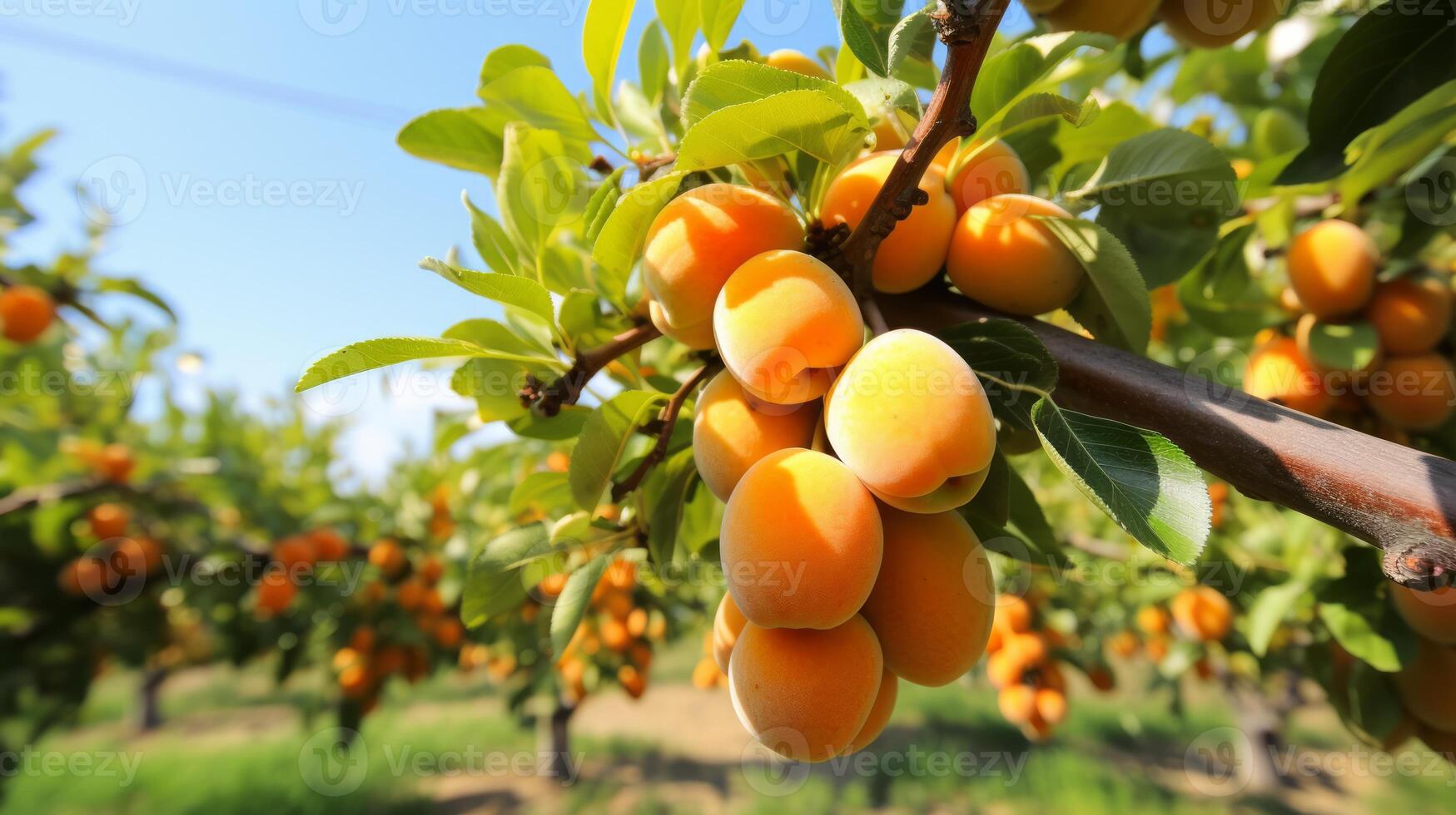A bunch of ripe apricots on a branch. Neural network photo