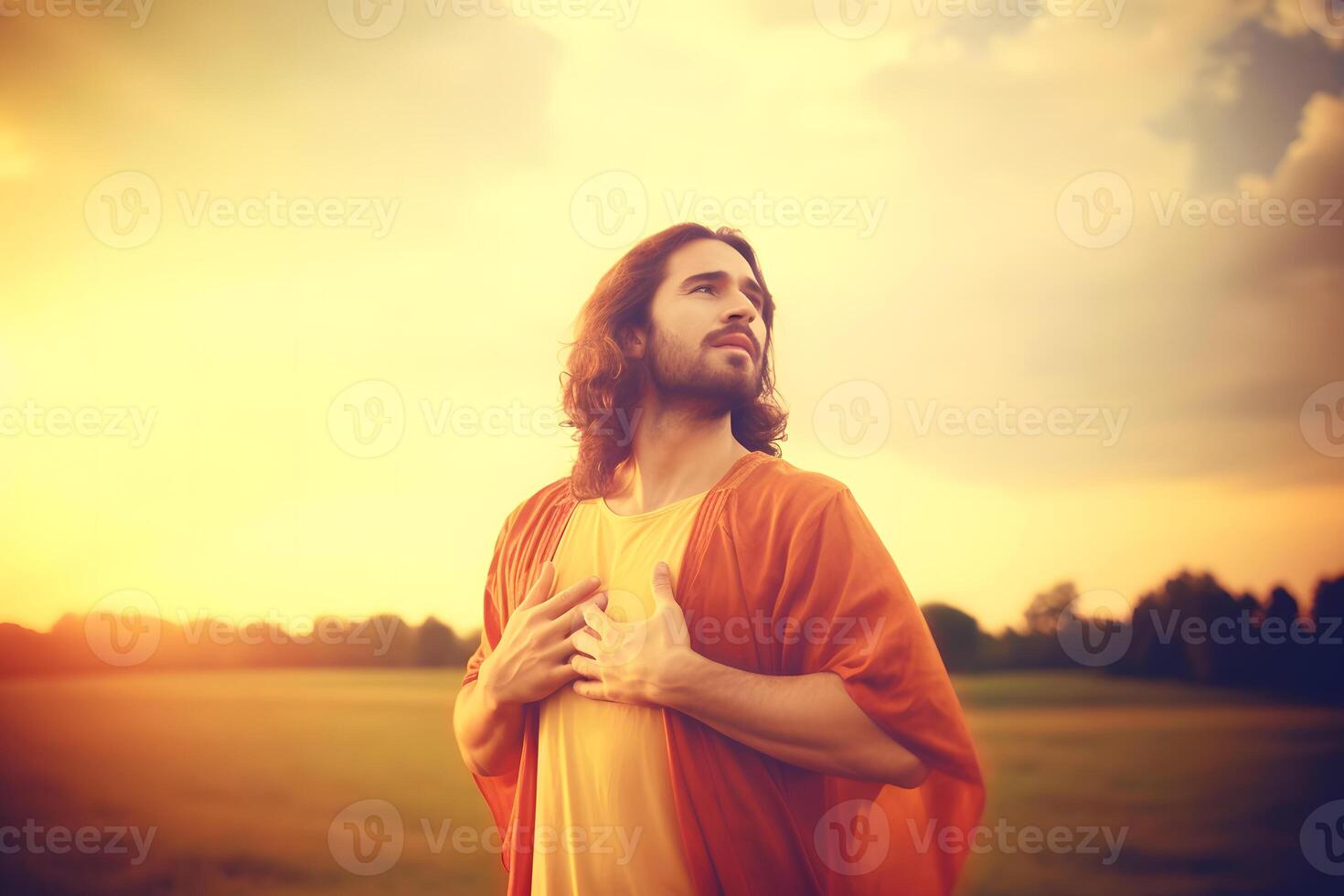 Man praying to God in the field. Neural network photo