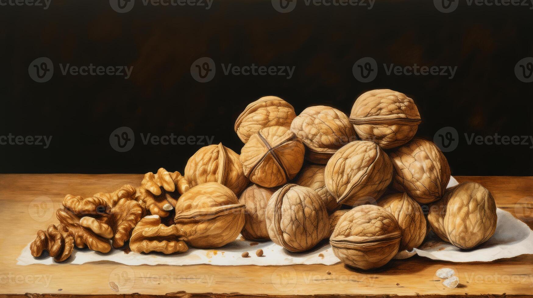 Rustic still life of dried fruits, roasted almonds in wooden bowl. Neural network photo