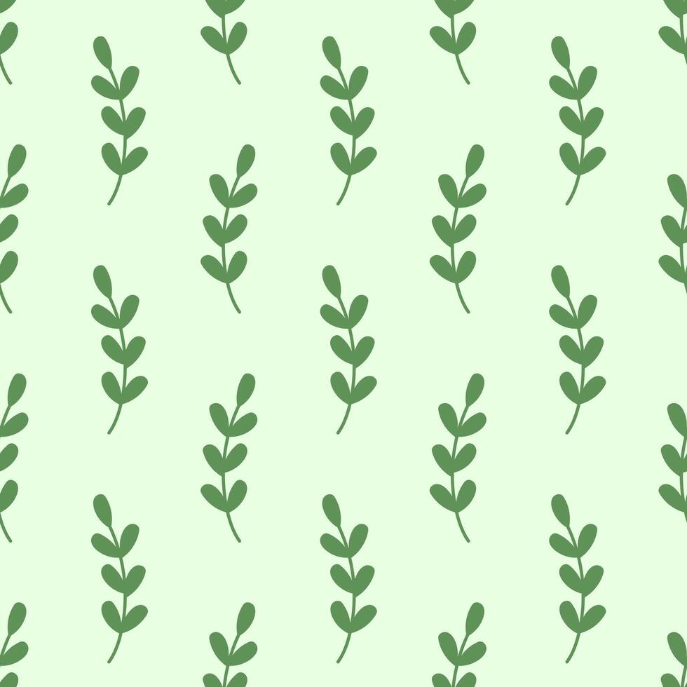Seamless pattern of green foliage natural branches. Herbs plant wallpaper. Hand drawn. fresh rustic eco friendly background. Flat simple illustration. vector