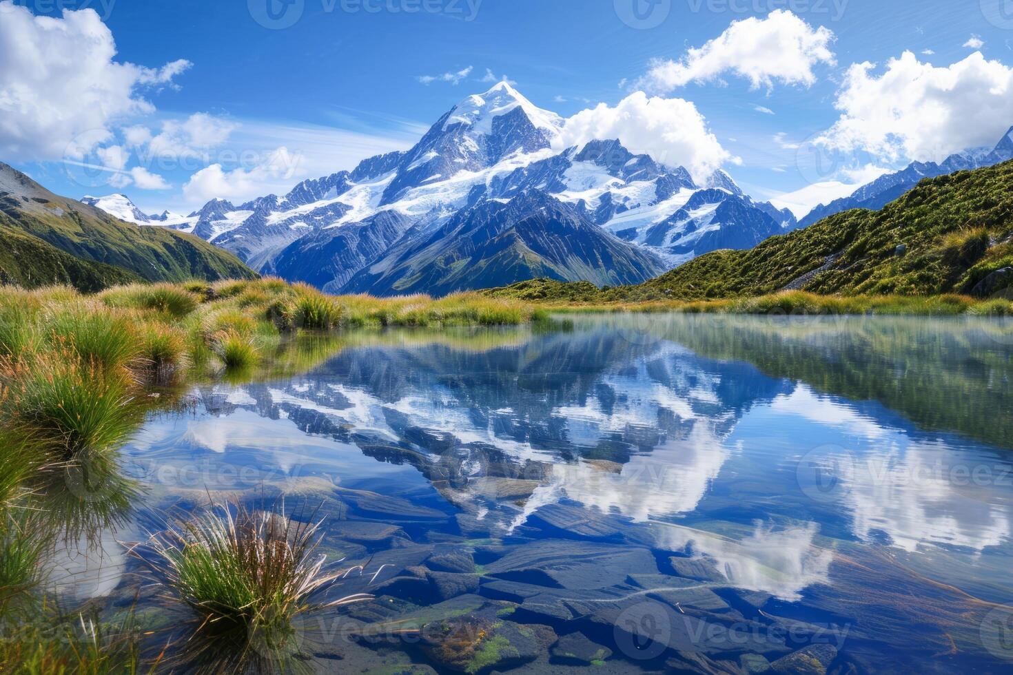 Serene Mountain Lake on a Sunny Day Reflecting Snow-Capped Peaks and Lush Greenery photo