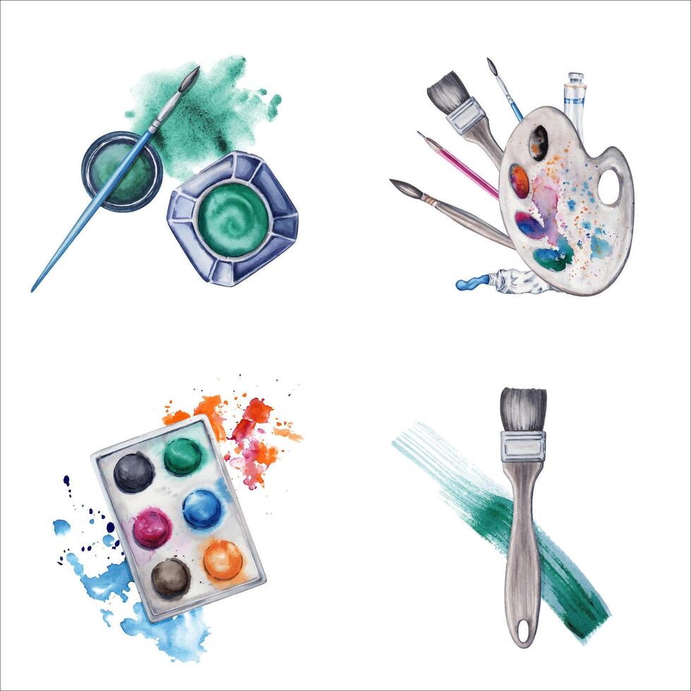 Flat lay compositions with green paint bottle, palette and brush stroke with splatter. Watercolor illustration isolated on white background. Design set for art classes, logos, flyers or stickers vector