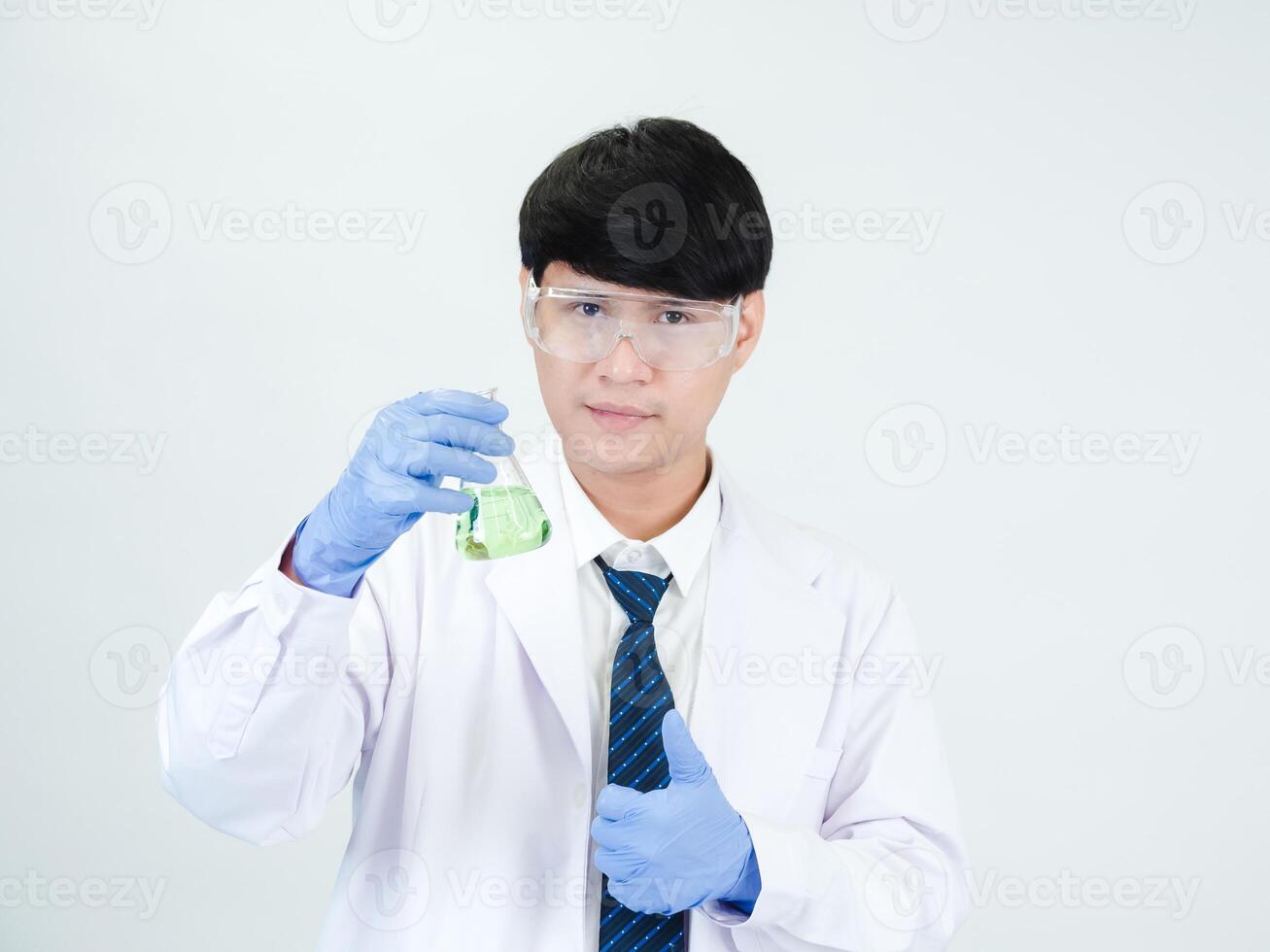 Portrait asian man student scientist or doctor look hand holding reagent mixing laboratory in science research laboratory with test tubes of various size in laboratory chemistry lab white background photo