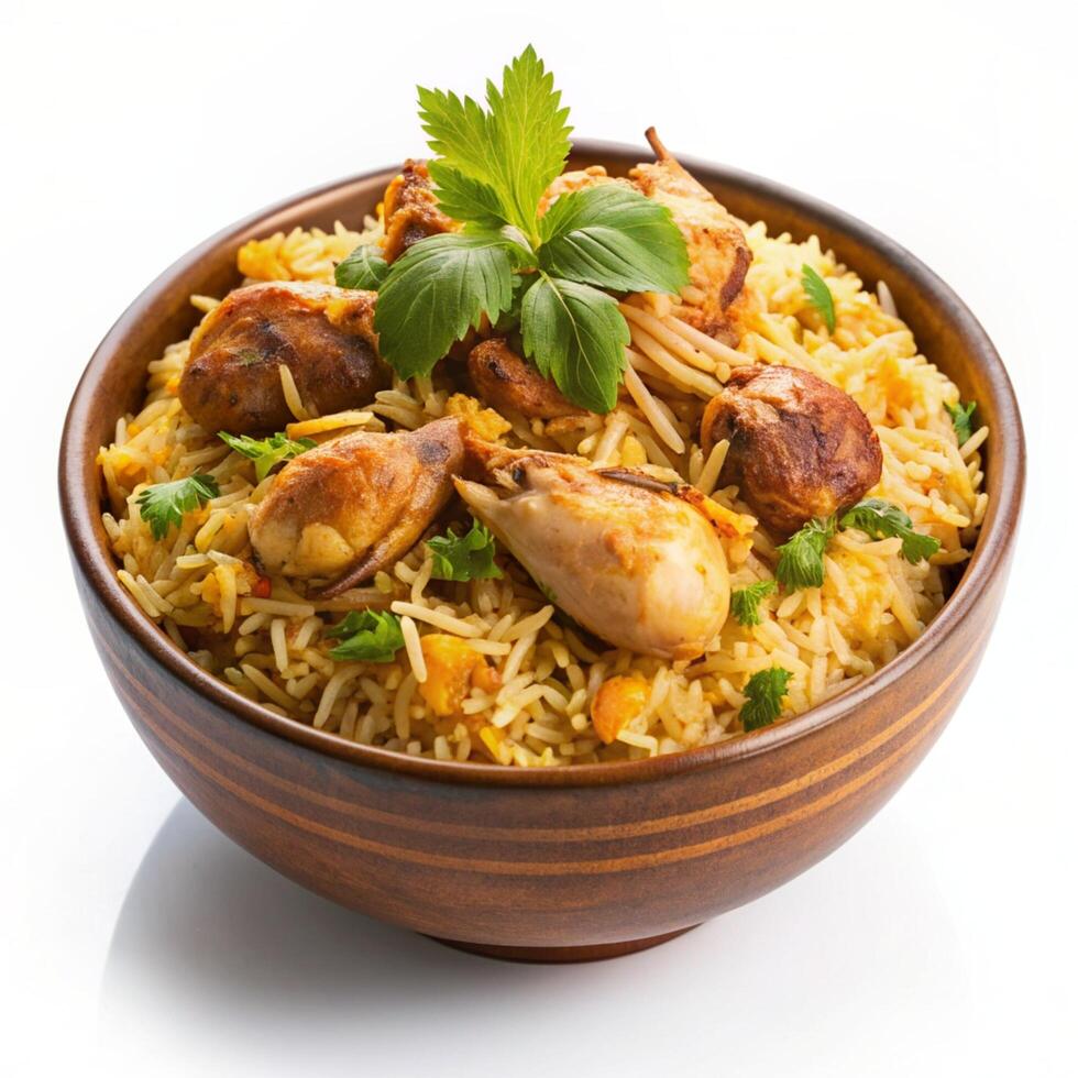 Delicious chicken biryani with leg pieces and vegetable slices white background photo