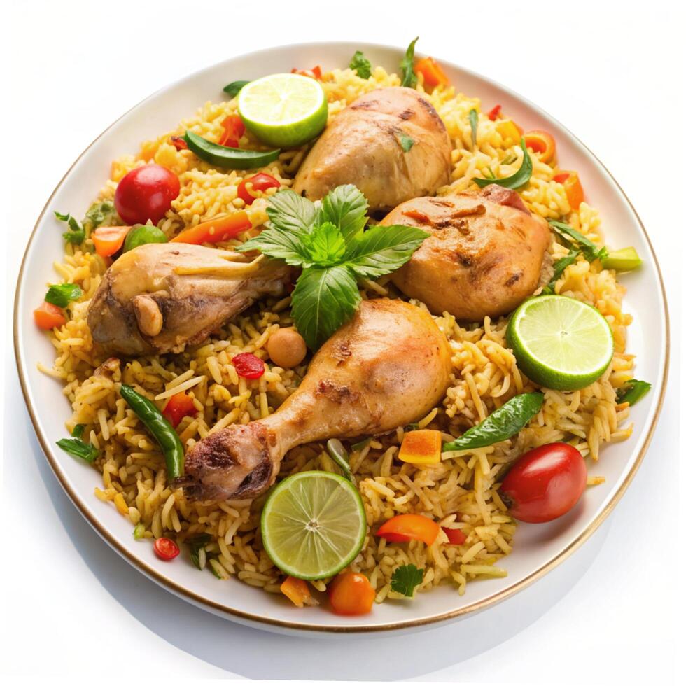 Delicious chicken biryani with leg pieces and vegetable slices white background photo