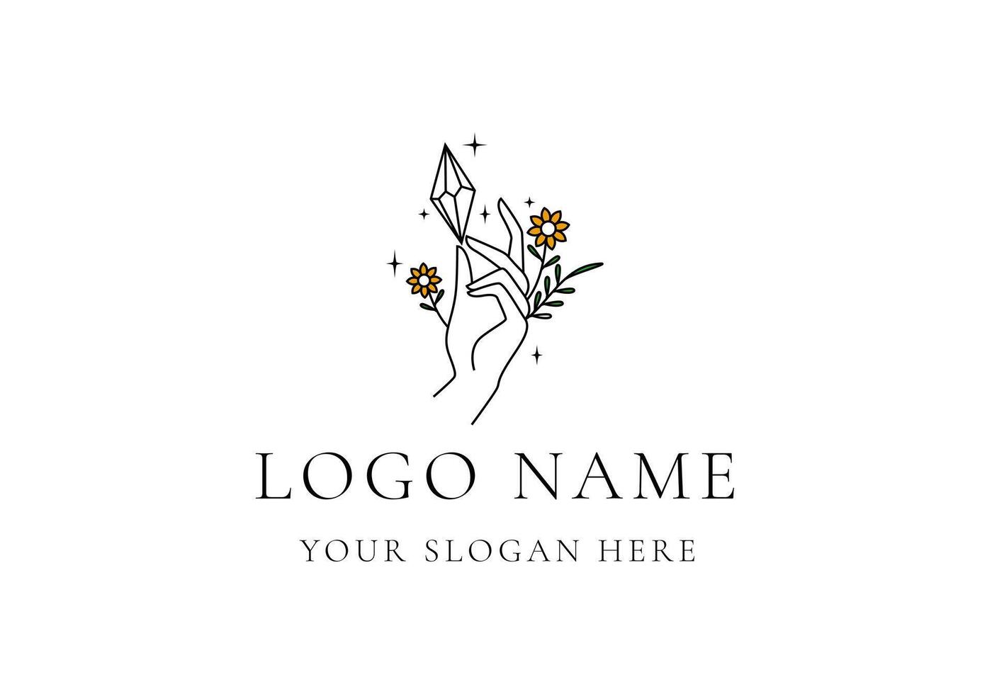 Logo line hand hold crystal with flowers and sparkles. Logo line, jewerly. Editable file vector