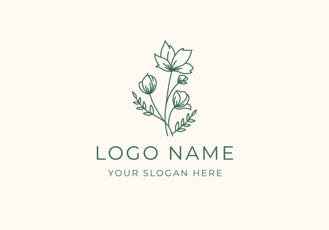 Logo line flower branch with leaves, Logo feminine, Lineart, Aesthetic. Editbale file vector
