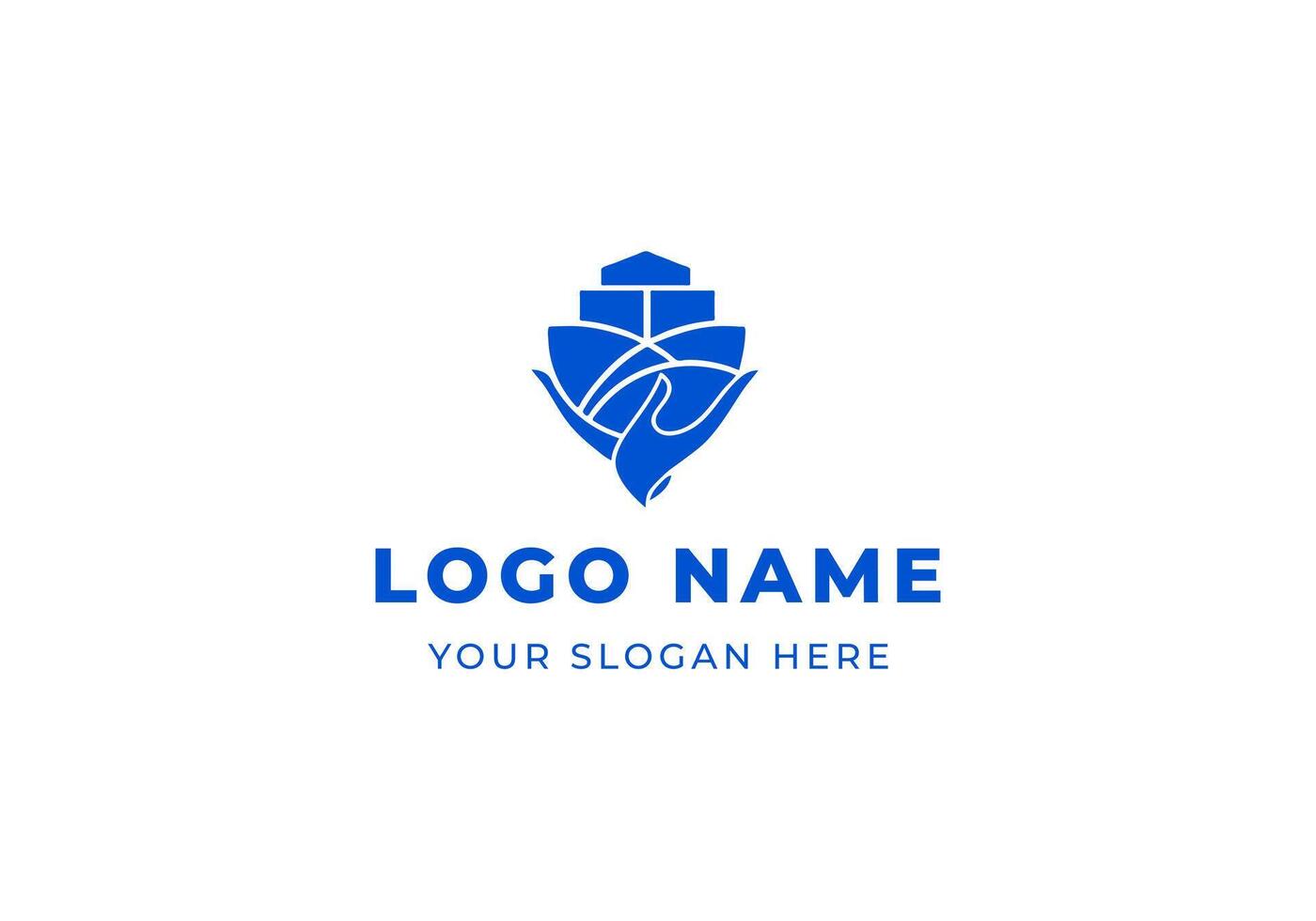 logo hands hold ship container. Editable file vector
