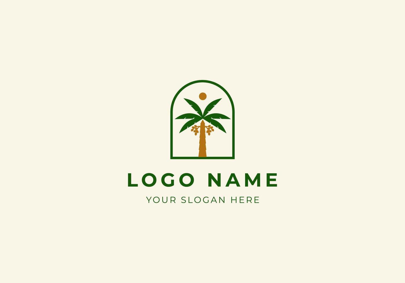 Logo Palm tree with dates fruit and Line frame, Logo palm farm, Modern, Minimalist. Editable file vector