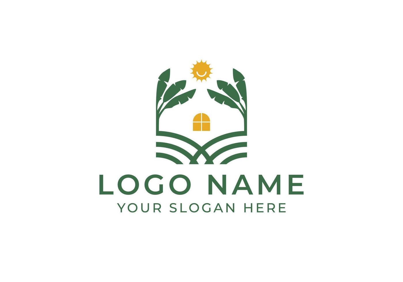 logo home gardern with banana tree and sun. Logo garder, botanical and real estate. Editable file vector