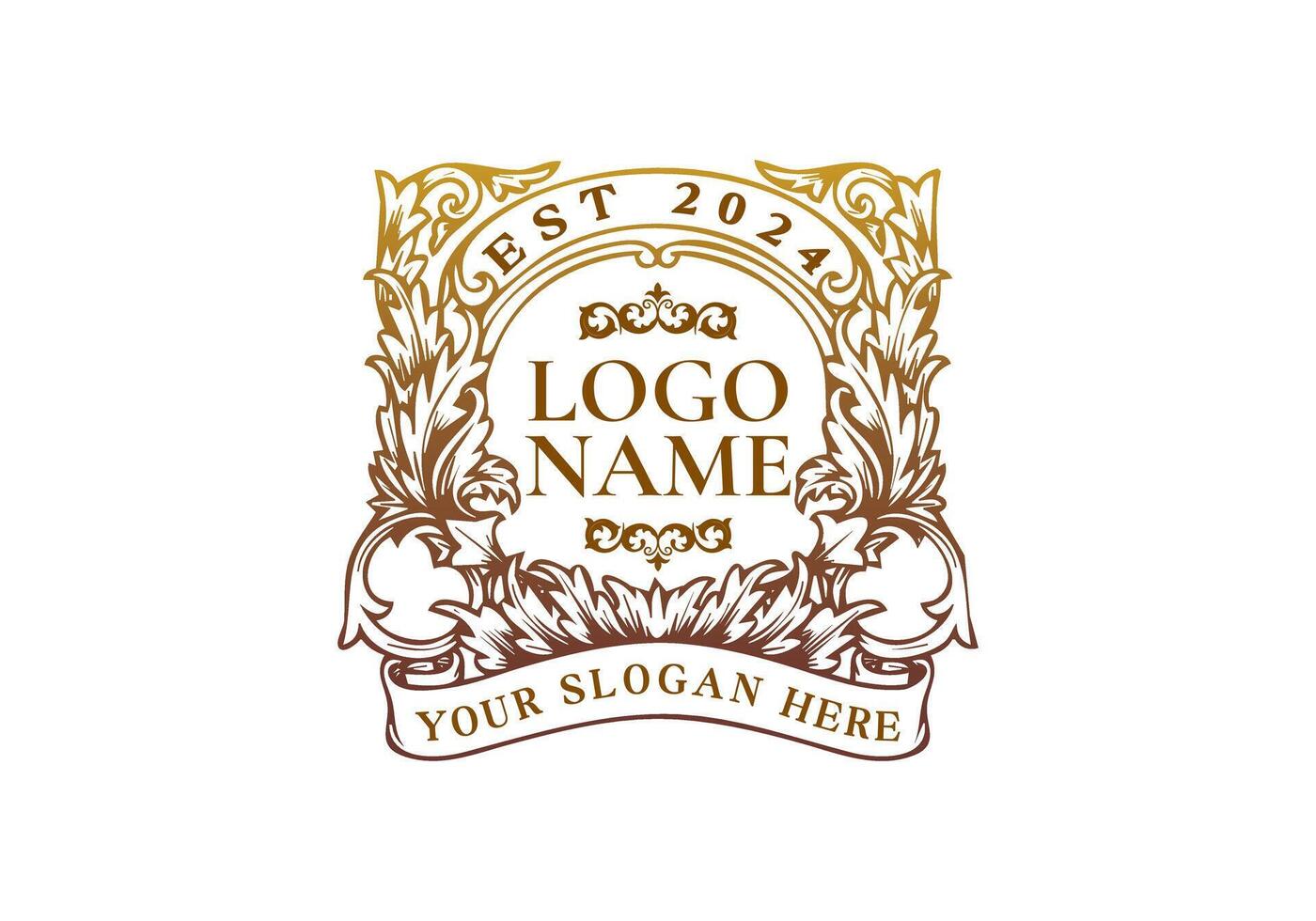 Logo Gold flowers frame vintage ribbon. Logo retro, floral, luxury. Editable file vector