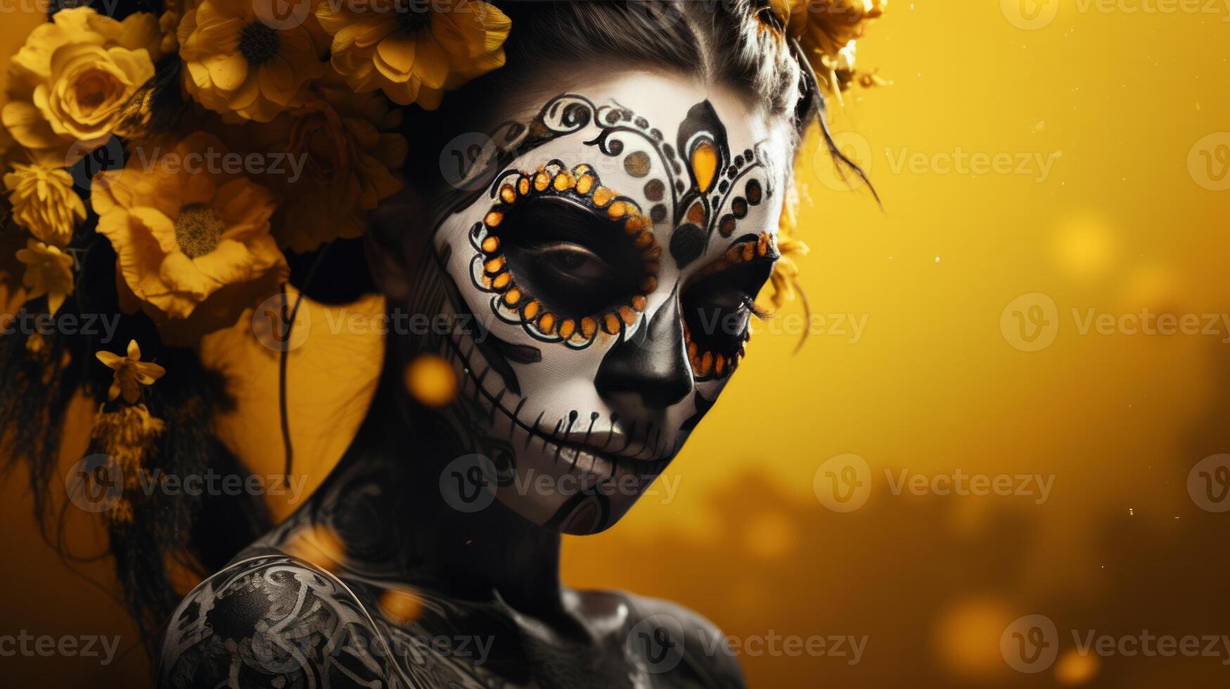 Day of the Dead illustration with sugar skull girl in decorative flower wreath. Neural network photo