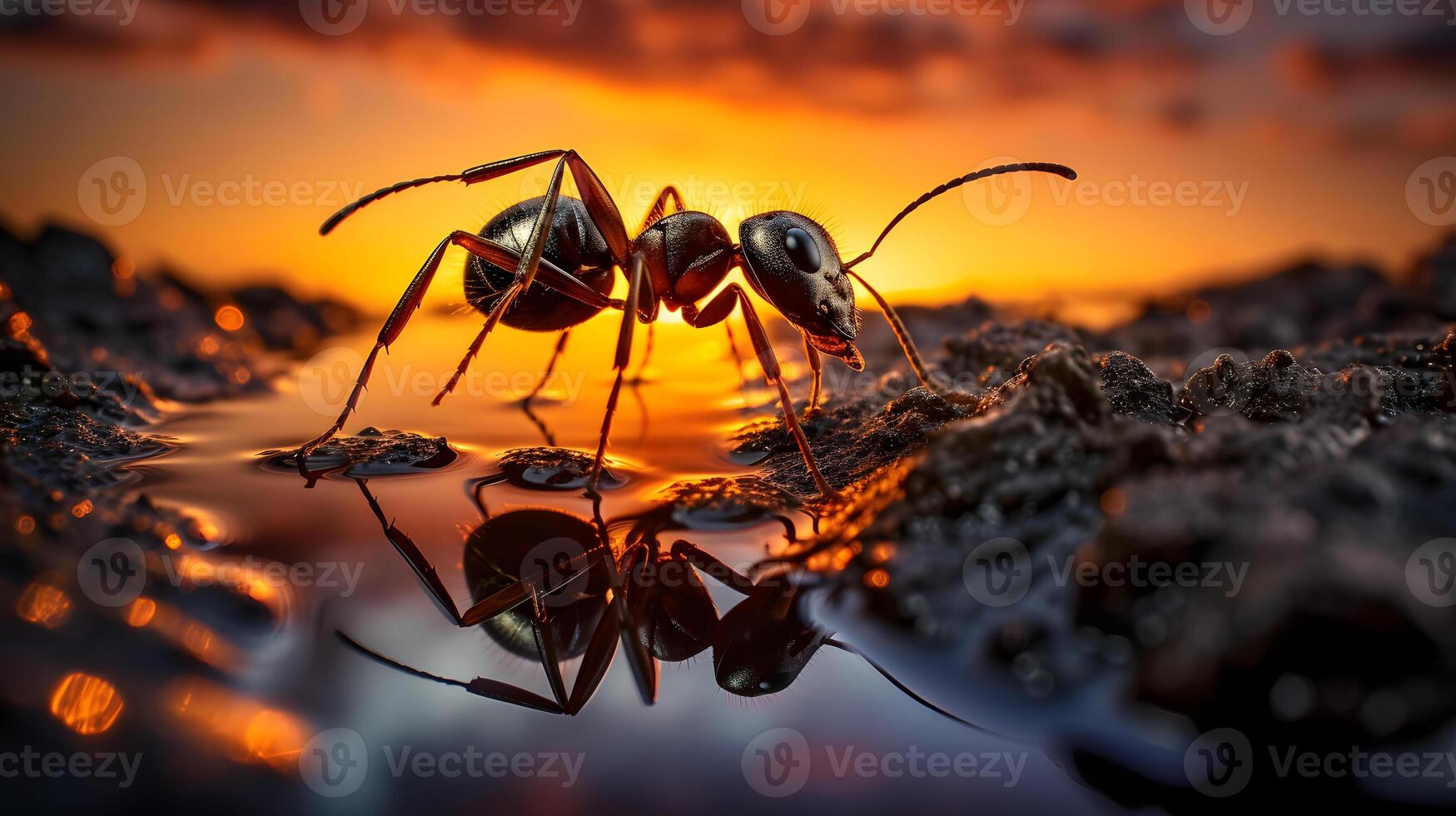 Red ants are looking for food on green branches. Neural network photo
